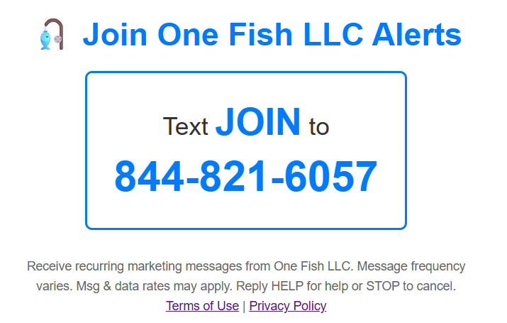 Screenshot of SMS Opt-In promotional material showing 'Text JOIN to 844-821-6057' with all compliance disclosures